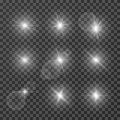 Lens effects. Camera flash light, flare. White light spot glowing sparkles, starlight isolated on transparent background