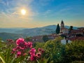 LENS FLARE: Blossoming flowers and vista of the Crni Kal landscape and viaduct.