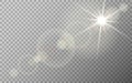 Lens flare effect on transparent backdrop. Sunlight special glare. Bright flash with warm rays. Sunshine with sparks Royalty Free Stock Photo