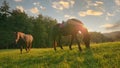 LENS FLARE: Golden autumn evening sun shines on two horses grazing in a meadow. Royalty Free Stock Photo