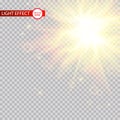 Lens flare light effect. Sun rays with beams isolated on transparent background. Vector illustration. Royalty Free Stock Photo