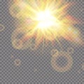 Lens flare light effect. Sun rays with beams isolated on transparent background. Vector illustration. Royalty Free Stock Photo