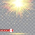 Lens flare light effect. Sun rays with beams isolated on transparent background. Vector illustration. Royalty Free Stock Photo