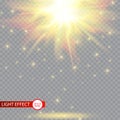 Lens flare light effect. Sun rays with beams isolated on transparent background. Vector illustration. Royalty Free Stock Photo