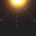 Lens flare with shiny sunlight ray on dark background. Cosmic sunlight ray with glowing lens flare. Vector sunlight special lens