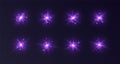 Lens flares with sparkles, purple starbursts set, shiny camera flashes.