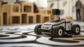 The lens focuses on an autonomous mobile robot navigating through a maze of obstacles with sensors and cameras capturing