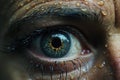 Through lens, we glimpse weathered eye of an impoverished old man, its lines portraying a lifetime of resilience Royalty Free Stock Photo