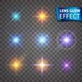 Lens glow effect. Glowing light glare, bright realistic lighting effects
