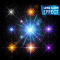 Lens glow effect. Set of glowing light reflections, realistic bright light lens effects. Use design, glow for the