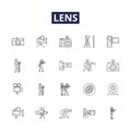Lens line vector icons and signs. Optics, Convex, Concave, Focus, Photographic, Telescopic, Macro, Zoom outline vector