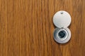 Lens peephole on new wooden texture front door