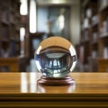 A lensball as an paperweight with wooden base in an rustic office