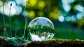 A lensball reflects a lush green landscape.