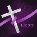 Lent, 40 days of renewal with purple ribbon roll around silver cross crucifix sign on dark purple plam leaf texture background