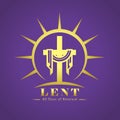 Lent, 40 days of renewal word under gold lent cross in circle sunset sign on purple background vector Design