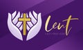 Lent, fast pray and give text - Praying Hands Holding gold Cross crucifix sign on purple background vector design Royalty Free Stock Photo