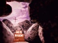 Lent, Holy Week, Easter Sunday Concept - HE IS RISEN text with Jesus Christ empty tomb, with blurry cross shape background. Royalty Free Stock Photo