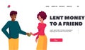 Lent Money to a Friend Landing Page Template. Financial Help, Gift Concept. Man Giving Banknotes to Woman
