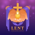 Lent, prayer fasting and almsgiving - hands with purple cloth hold gold cross crucifix sign and candle light on purple and blue