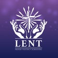 LENT, prayer, fasting and almsgiving with white hands hold cross crucifix with line light around sign on light purple and blue