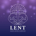 LENT, prayer, fasting and almsgiving with white line hands hold cross crucifix sign on light purple and blue background vector