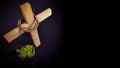 Lent Season,Holy Week and Good Friday concepts - closed up wooden cross,crown of thorns and palm leave in dark background
