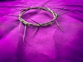 Lent Season,Holy Week and Good Friday Concepts - crown of thorns on purple cloth in vintage background. Stock photo. Royalty Free Stock Photo