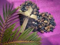 Lent Season,Holy Week and Good Friday concepts - closed up palm leaves in purple background. Stock photo. Royalty Free Stock Photo