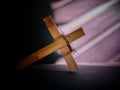 Lent Season,Holy Week and Good Friday concepts - image of wooden cross leaning on floor with crown of thorns in vintage background Royalty Free Stock Photo