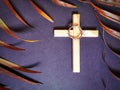 Lent Season,Holy Week and Good Friday concepts - photo of wooden cross, crown of thorns and palm leave in vintage background Royalty Free Stock Photo