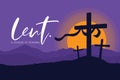 Lent, a season of renewal banner with crucifix on the hill in sunset and purple sky vector design