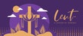 Lent, a season of renewal text and gold Cross crucifix has a bandage in circle with palm leaves and sun on purple background