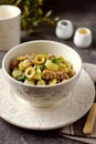 Lenten potato salad with fried mushrooms, green onions, green olives, dill with olive oil and white wine vinegar.