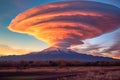 lenticular cloud formation over a mountain range at sunset Royalty Free Stock Photo