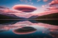 lenticular clouds hovering above a serene lake