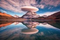 lenticular clouds reflecting on a calm alpine lake