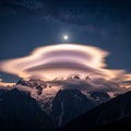 Lenticular clouds shaped like a UFO hover over the peaks illuminated Royalty Free Stock Photo