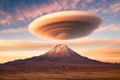 lenticular clouds surrounding a volcanic mountain peak