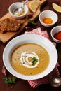 Lentil cream soup in a bowl with spices turmeric, paprika and garlic Royalty Free Stock Photo