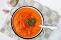 Lentil cream soup in a rustic bowl on a linen napkin Royalty Free Stock Photo