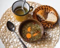 Lentil soup, bread,pot,ladle and spoon, rustic Royalty Free Stock Photo