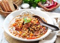 Lentil soup with chicken and pepperoni sausage, onion, carrot, sweet pepper, garlic and parsley. Royalty Free Stock Photo