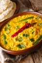 Lentil soup Dal Tadka with naan bread in a ceramic bowl on a woo Royalty Free Stock Photo