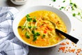 Lentil Soup, Homemade Vegetable Soup with Chicken and Herbs on Bright Background, Healthy Eating Royalty Free Stock Photo