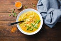 Lentil Soup, Homemade Vegetable Soup with Chicken and Herbs on Wooden Background, Healthy Eating Royalty Free Stock Photo