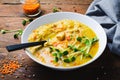 Lentil Soup, Homemade Vegetable Soup with Chicken and Herbs on Wooden Background, Healthy Eating Royalty Free Stock Photo