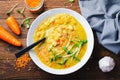 Lentil Soup, Homemade Vegetable Soup with Chicken and Herbs on Wooden Background, Healthy Eating Royalty Free Stock Photo