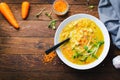 Lentil Soup, Homemade Vegetable Soup with Chicken and Herbs on Wooden Background, Healthy Eating Royalty Free Stock Photo