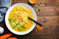 Lentil Soup, Homemade Vegetable Soup with Chicken and Herbs on Wooden Background, Healthy Eating Royalty Free Stock Photo